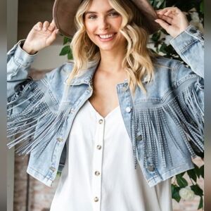 Studded Fringe Denim Jacket. NWOT. Sz S